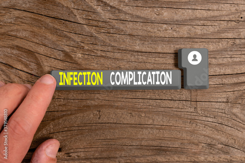 Conceptual hand writing showing Infection Complication. Concept meaning unwanted reaction resulted from an immunosuppression Colored PC keyboard key With Accessories on Empty background photo