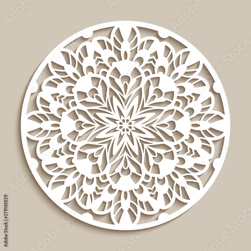 Round lace doily, cutout paper floral ornament, mandala pattern, vintage circle decoration on beige background, template for laser cutting