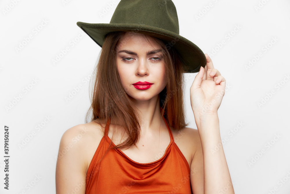 Beautiful woman red lips green hat cropped view elegant style Beautiful woman red lips green hat cropped view elegant style