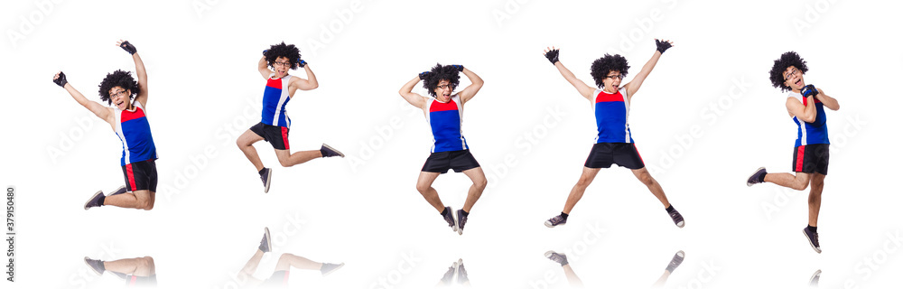 Funny man exercising isolated on white Funny man exercising isolated on white