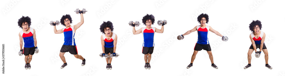 Funny man exercising with dumbbells Funny man exercising with dumbbells
