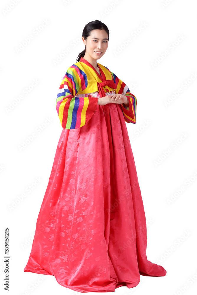 A beautiful Asian woman wearing hanbok is the national dress of Korea. White background. isolated. Clipping path A beautiful Asian woman wearing hanbok is the national dress of Korea. White background. isolated. Clipping path