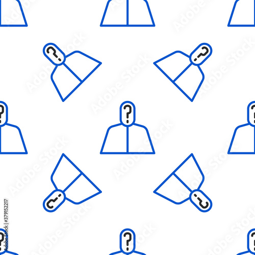 Line Anonymous man with question mark icon isolated seamless pattern on white background. Unknown user, incognito profile, business secrecy, obscurity. Colorful outline concept. Vector.