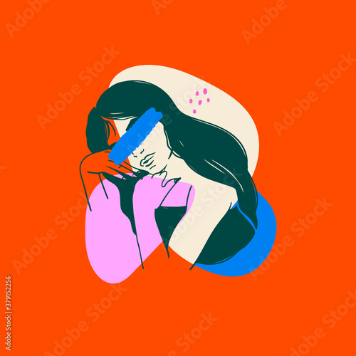 Hand drawn portrait of beautiful lady. Pretty young woman. Stylish fashion model. Fancy look. Brush stroke on the eyes. Trendy Vector illustration. Cool design. Print idea