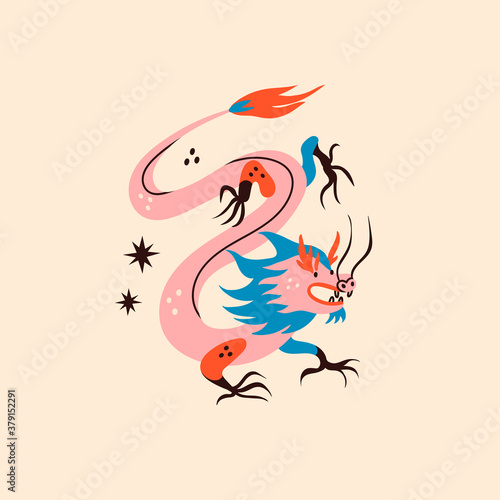Cute Pink Dragon. Mythological creature. Zodiac sign. Chinese asian cartoon style. Hand drawn colored Vector illustration. Tattoo idea. Print template. Dragon is isolated on beige background