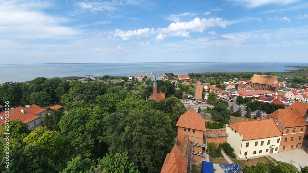 Frombork, Poland - August 17, 2020: Aerial view of Frombork, Poland. View from the lookout tower.