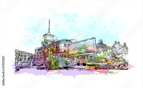Building view with landmark of Barnaul is a city on the western banks of the Ob River in the Altai Krai region of Siberia. Watercolor splash with hand drawn sketch illustration in vector.