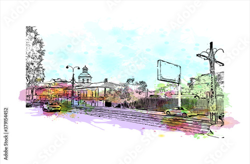 Building view with landmark of Barnaul is a city on the western banks of the Ob River in the Altai Krai region of Siberia. Watercolor splash with hand drawn sketch illustration in vector.