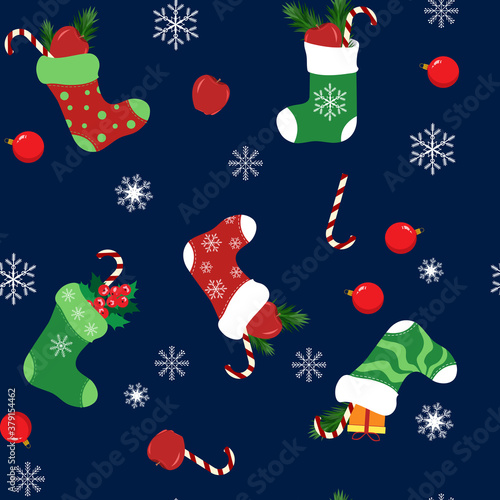 Seamless vector illustration with Christmas sock and gifts