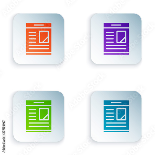 Color Newspaper advertisement displaying obituaries icon isolated on white background. Set colorful icons in square buttons. Vector.