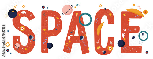 Space lettering with planets. Vector space lettering with stars, meteorites and geometric shapes on white background. Abstraction on the theme of cosmonautics on red letters.
