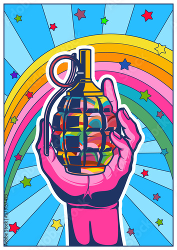 Arm and Grenade Psychedelic Hippie Art Style Poster, Rainbow, Stars, Colorful Background 