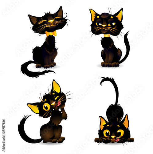 Set black cats for Halloween. Cartoon illustration for stickers, icons, postcards. (ID: 379157836)