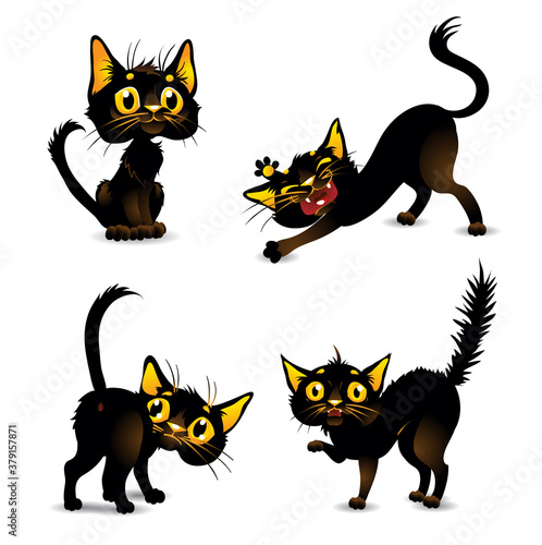 Set black cats for Halloween. Cartoon illustration for stickers, icons, postcards. (ID: 379157871)