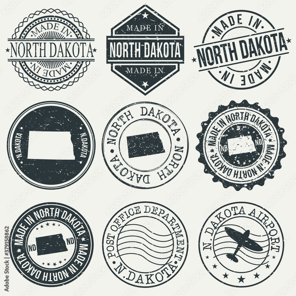 North Dakota Set of Stamps. Travel Stamp. Made In Product. Design Seals Old Style Insignia.