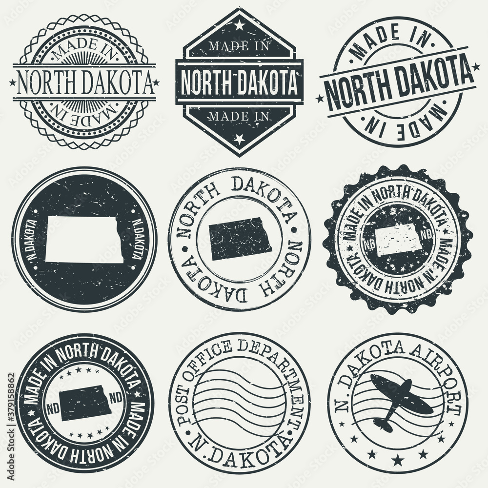 Obraz premium North Dakota Set of Stamps. Travel Stamp. Made In Product. Design Seals Old Style Insignia.