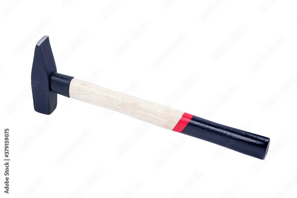 A hammer with a rubberized handle. A hammer and a nail, two in one. Hammer with a nail gun. Close-up. Isolated on white background. A hammer with a rubberized handle. A hammer and a nail, two in one. Hammer with a nail gun. Close-up. Isolated on white background.