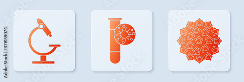 Set Test tube with virus, Microscope and Virus. White square button. Vector.