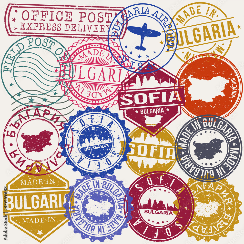 Sofia Bulgaria Set of Stamps. Travel Stamp. Made In Product. Design Seals Old Style Insignia.