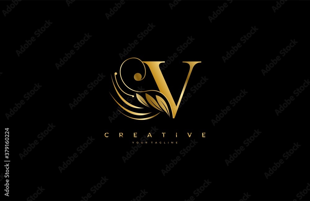 Initial V letter luxury beauty flourishes ornament golden monogram logo ...
