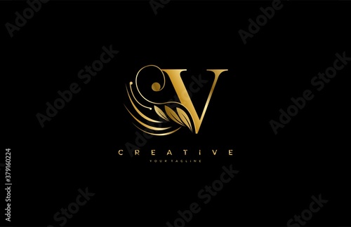 Initial V letter luxury beauty flourishes ornament golden monogram logo