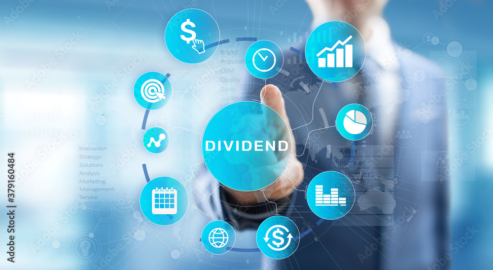 Dividends button on virtual screen. Return on Investment ROI financial business wealth concept. Dividends button on virtual screen. Return on Investment ROI financial business wealth concept.