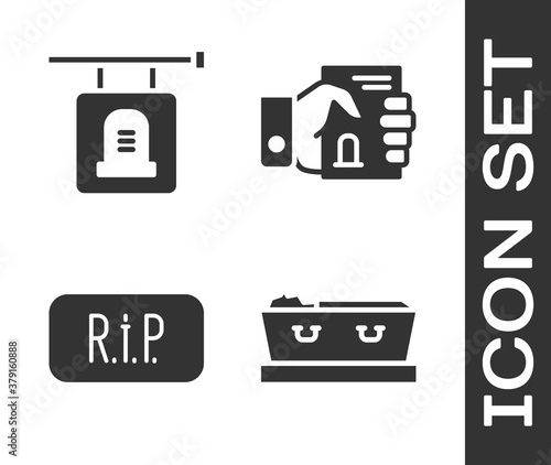 Set Coffin with dead, Signboard tombstone, Speech bubble rip death and Death certificate in hand icon. Vector.