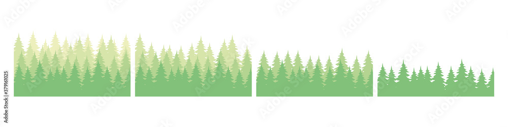 Fototapeta premium Forest landscapes with silhouettes of coniferous trees. Horizontal backgrounds of nature. Vector illustration 