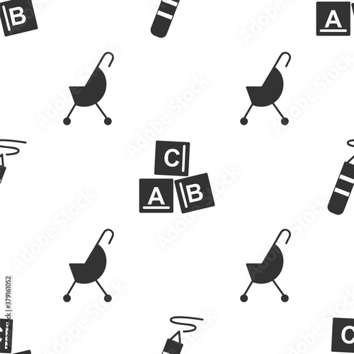 Set Wax crayon for drawing, ABC blocks and Baby stroller on seamless pattern. Vector.