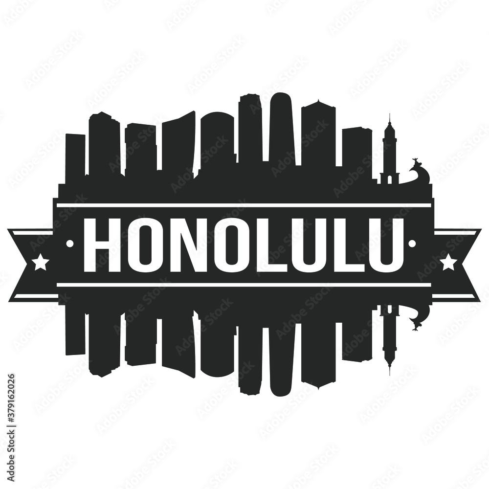 Honolulu Hawaii, Skyline Stamp Silhouette. Reflection Landscape City Design. Vector Cityscape Icon.  