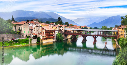 Beautiful medieval towns of Italy -picturesque Bassano del Grappa with famous bridge, Vicenza province, region of Veneto