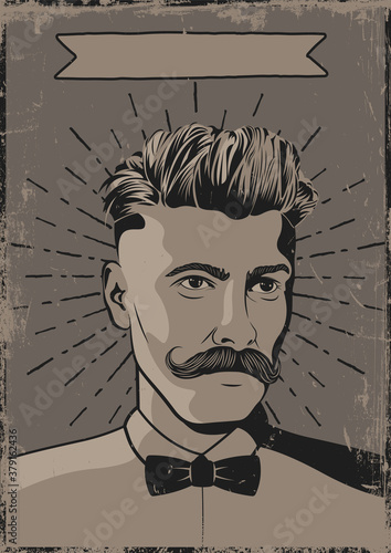 Retro Portrait Gentleman, Mustache, Hairstyle, Bow tie, Grunge Texture Pattern 