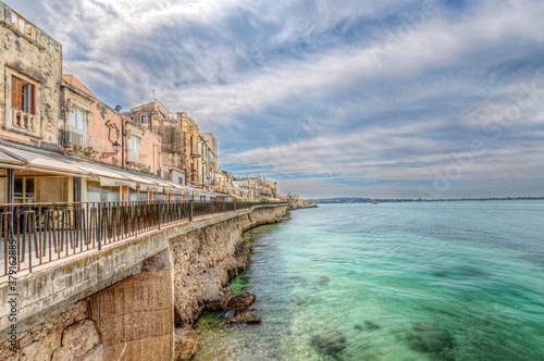 Syracuse Sicily/ Italy -April 11 2020: the Alfeo seafront seen from the sea