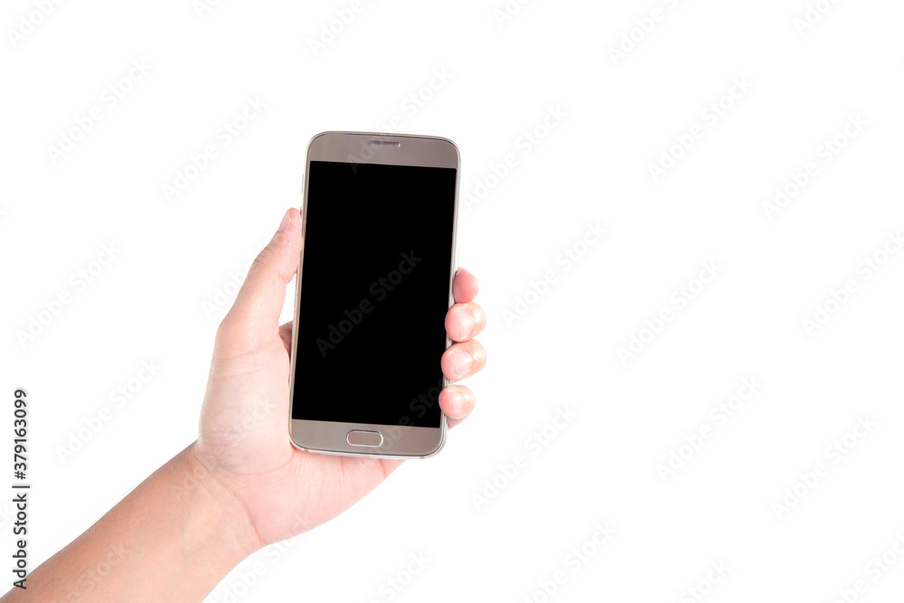 hand holding silver phone with isolated screen. hand holding silver phone with isolated screen.