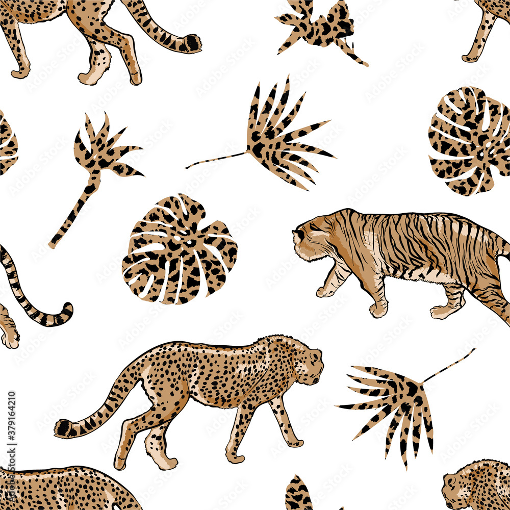 Obraz premium Hand drawn lind sketch Tiger and Leopard cheetah with palm leaves animal skin print seamless pattern,Design for fashion , fabric, textile, wallpaper, cover, web, wrapping