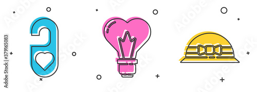 Set Please do not disturb with heart, Heart shape in a light bulb and Elegant women hat icon. Vector.