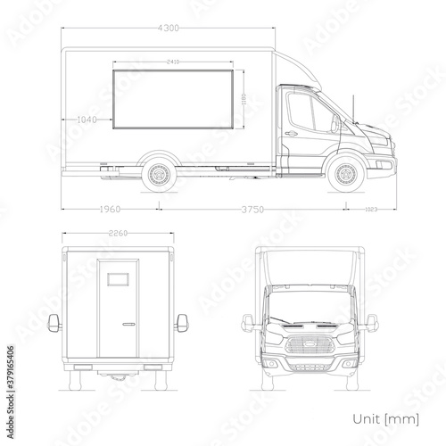 Food truck vector template for car branding and advertising. F. Transit blueprint low floor food van. Delivery truck empty template. Blank commercial food truck.