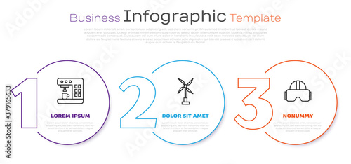 Set line Coffee machine, Wind turbine and Virtual reality glasses. Business infographic template. Vector.