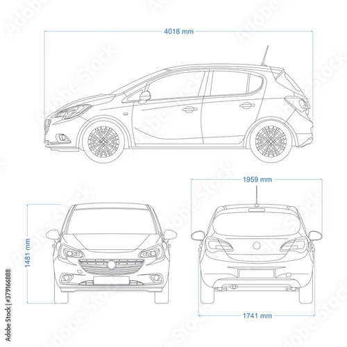 Mini car vector template for car branding and advertising. Car set on white background. View from side, front, and back.
