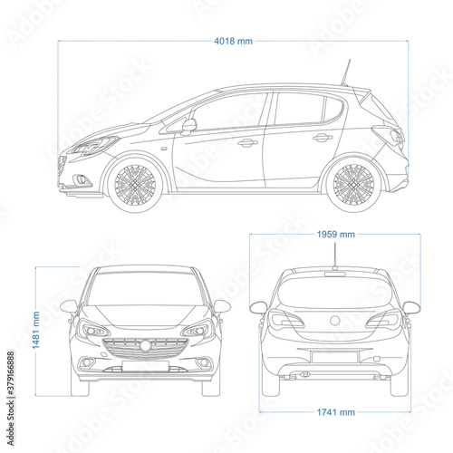 Mini car vector template for car branding and advertising. Car set on white background. View from side, front, and back. photo