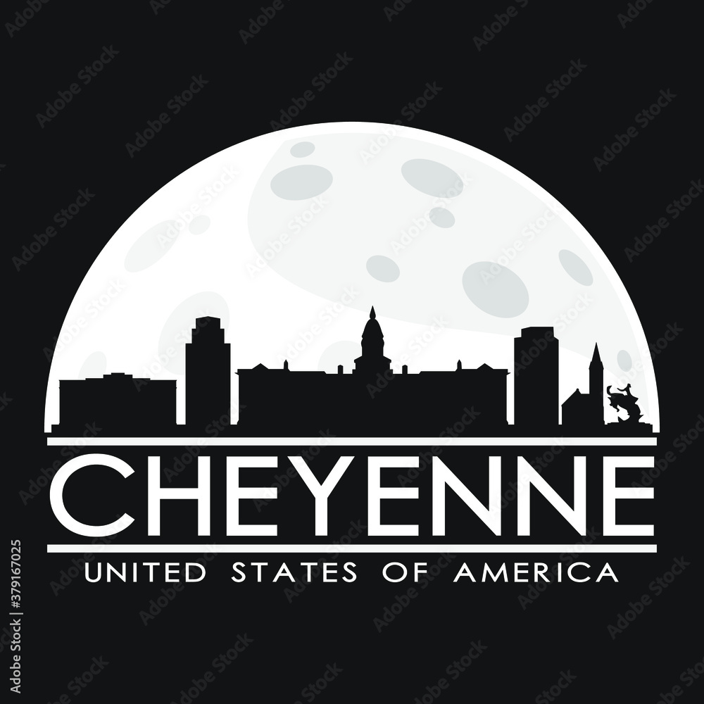 Cheyenne USA Full Moon Night Skyline Silhouette Design City Vector Art.
