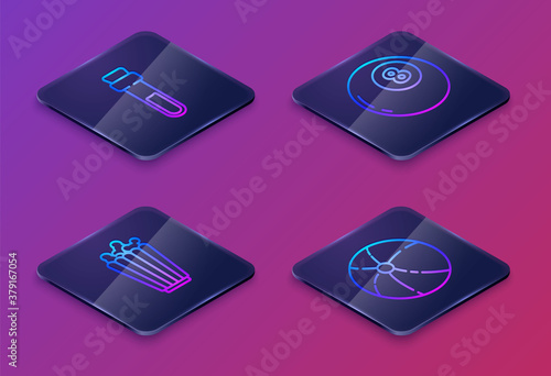 Set Isometric line Bottle with love potion, Popcorn in box, Magic ball of predictions and Beach ball. Blue square button. Vector.
