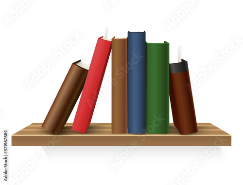 Vector realistic hardcover book stack at shelf