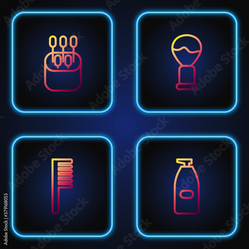 Set line Bottle of liquid antibacterial soap, Hairbrush, Cotton swab for ears and Shaving. Gradient color icons. Vector.