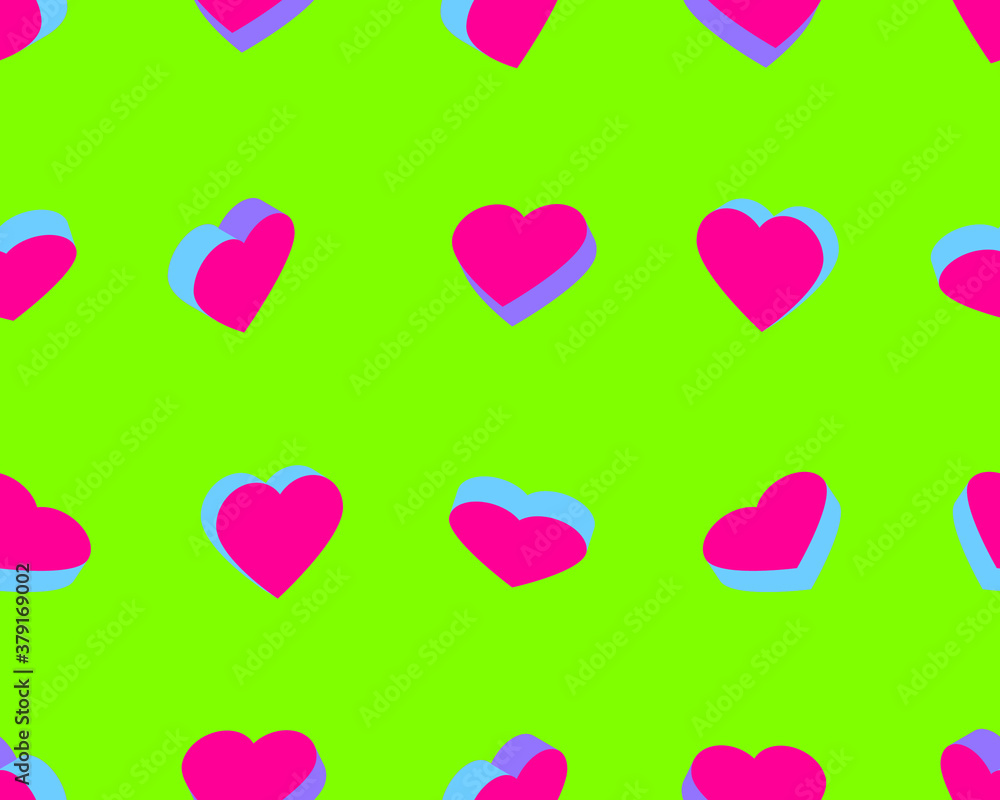 Colorful hearts on a green background. Seamless pattern. Vector illustration for fabric design, print for textile, wrapping, wed design, packaging, etc. 