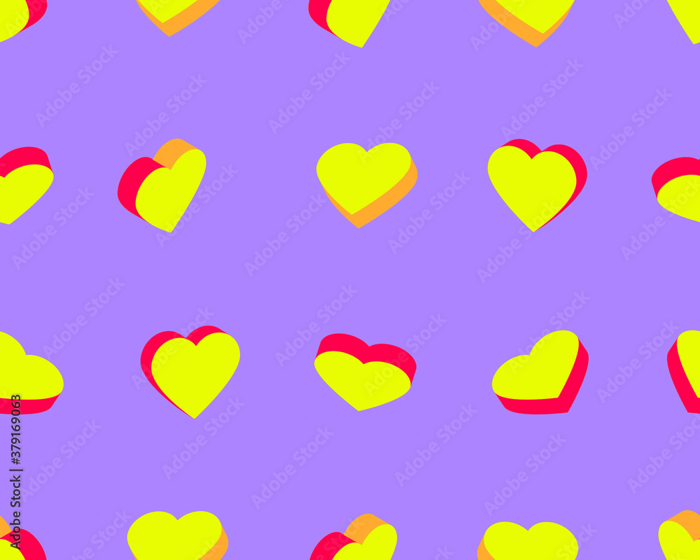 Colorful hearts on a purple background. Vector illustration for fabric design, print for textile, wrapping, wed design, packaging, etc. 