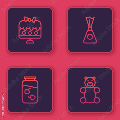 Set line Cake on plate, Strawberry jam jar, Candy and Jelly bear candy. Blue square button. Vector.