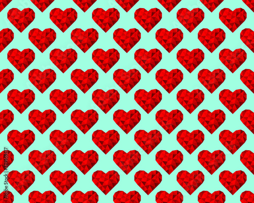 Red polygonal hearts on a blue background. Seamless pattern. Vector illustration for fabric design, print for textile, wrapping, wed design, packaging, etc.