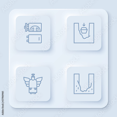 Set line Crematorium, Coffin in grave, Christmas angel and Cemetery digged hole. White square button. Vector.