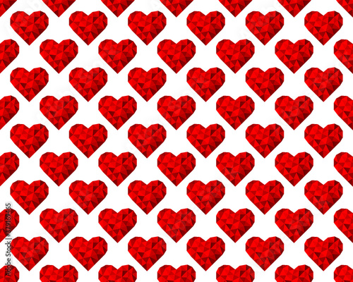 Red polygonal hearts on a white background. Seamless pattern. Vector illustration for fabric design, print for textile, wrapping, wed design, packaging, etc. 